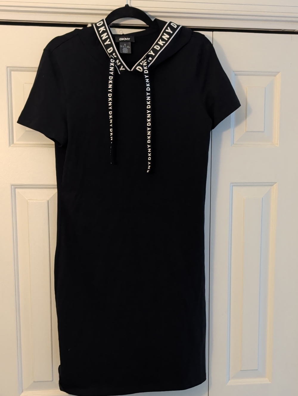 DKNY Black Logo-Trim Hooded T-Shirt Dress